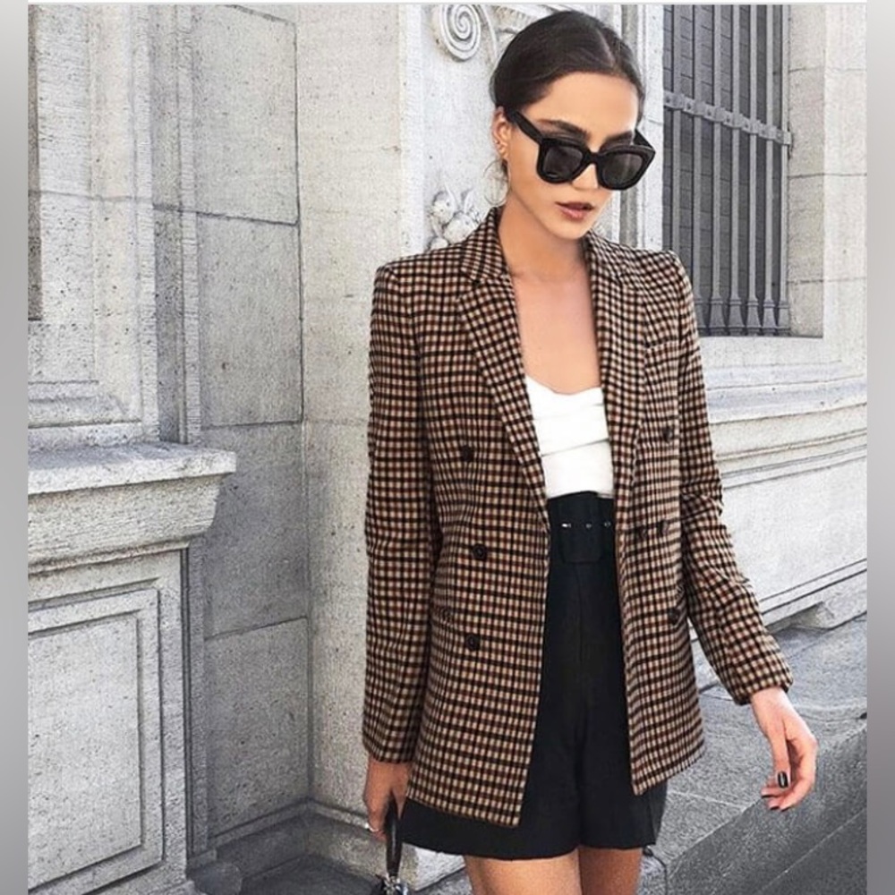 Fashion double breasted plaid ladies blazer